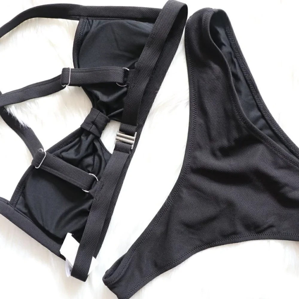 NEW Black Cutout Solid Bikini Bathing Suit Swim Set Size Large Beach Summer Pool - Picture 6 of 8